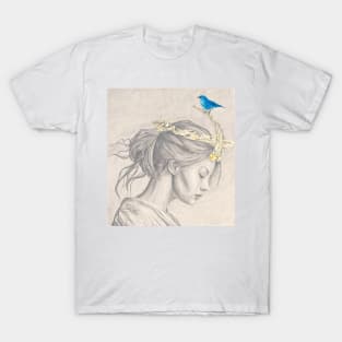 Sketch of a young girl wearing a glimmering gold crown T-Shirt